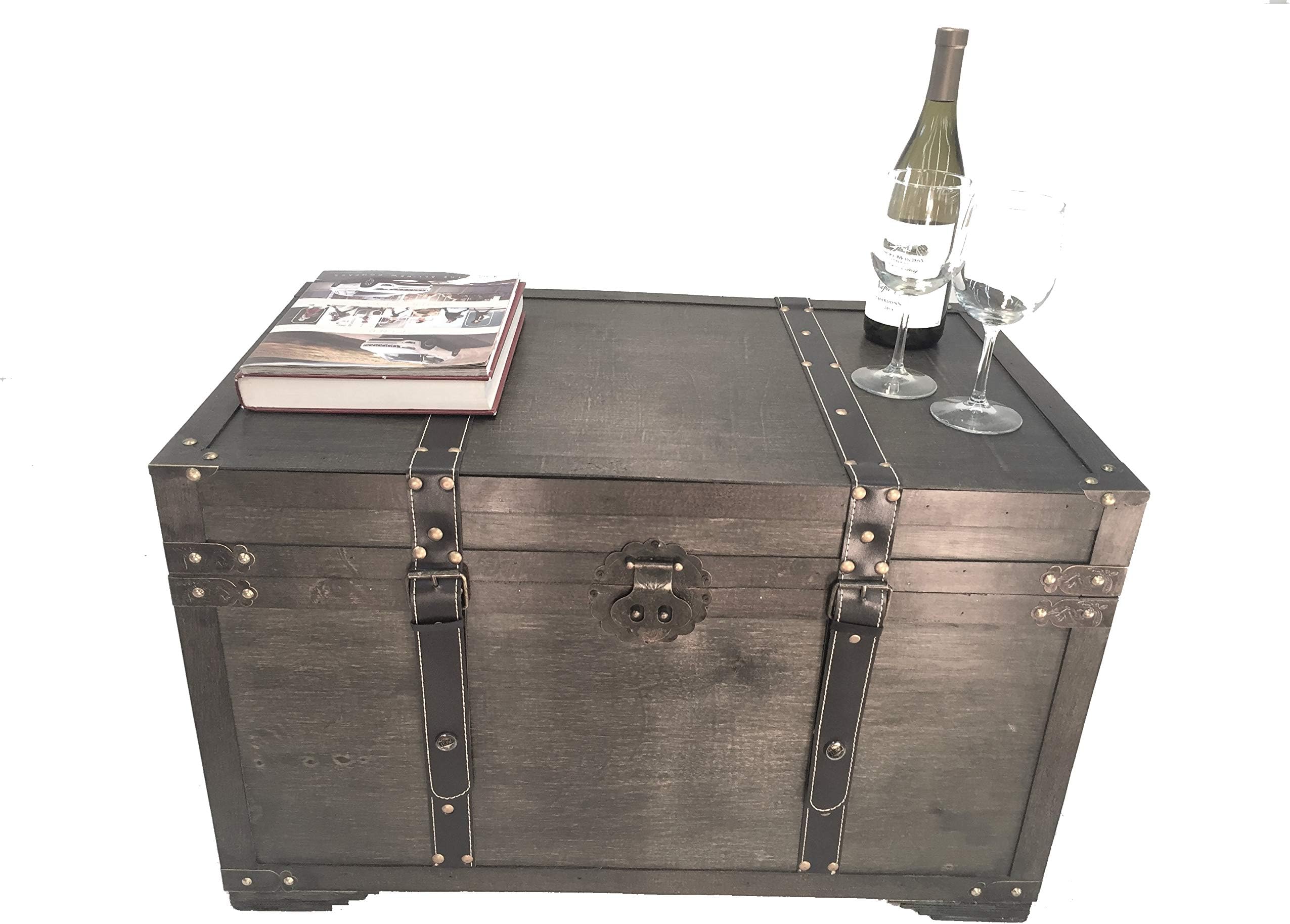 Gold Rush Steamer Trunk Wood Storage Wooden Treasure Chest - Large Trunk Black