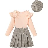 Yhnslsf Girls Teen Clothes, Fall Winter Outfits Long Sleeve Ruffle Sleeve Top and Pleated Plaid Mini Skirt Set Size 7-14Y
