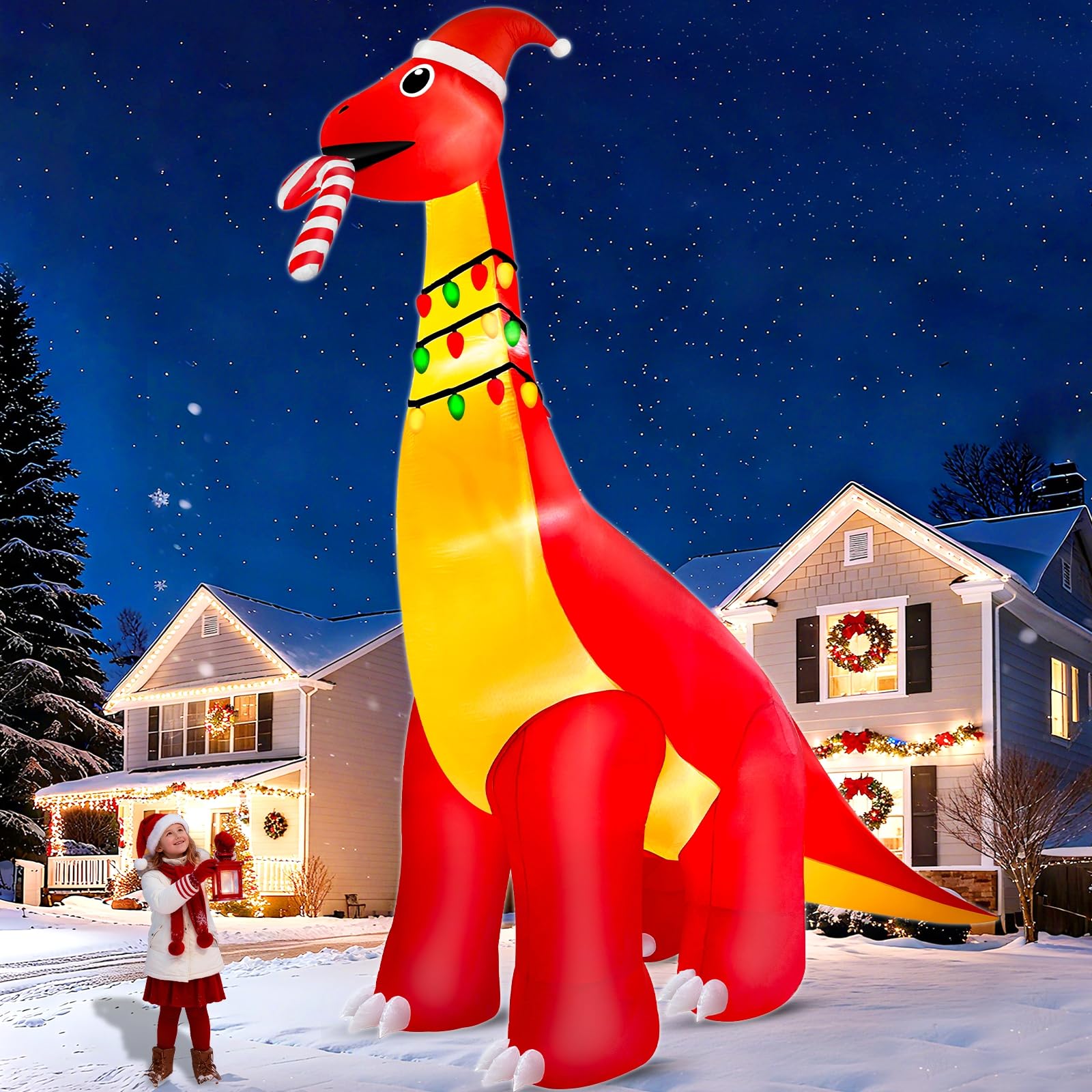 Photo 1 of 16Ft Ht x 18FT Long Super Giant Christmas Inflatable Dinosaur with Candy Cane Blow Up Yard Decorations with Built-in Lights Christmas Decoration Outdoor for Holiday Yard Lawn Party Xmas Decor Outside