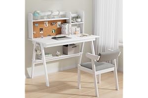 DELAVIN 39.37" Kids Table and Chair Set, Solid Wood Desk with Drawers for Kids, White Desk Hutch with Cork Bulletin Board, Computer Desk with Chair for Kids, White