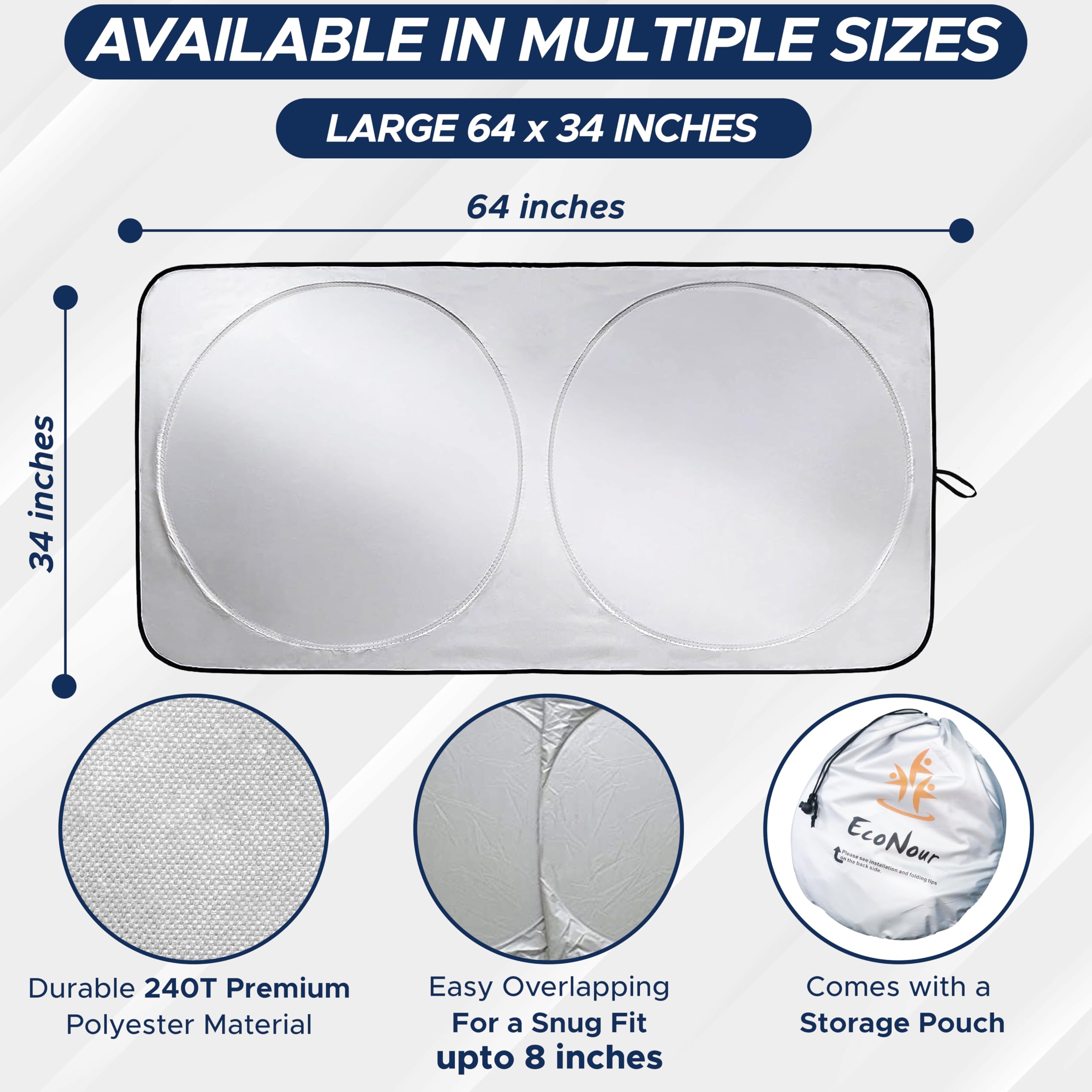 EcoNour Car Front Windshield Sun Shade for Car | SUV Accessories for Maximum Sun and Heat Protection | UV-Blocking Windshield Dash Cover & Sun Visor for Cooler Interior | Large (64 x 34 Inches)