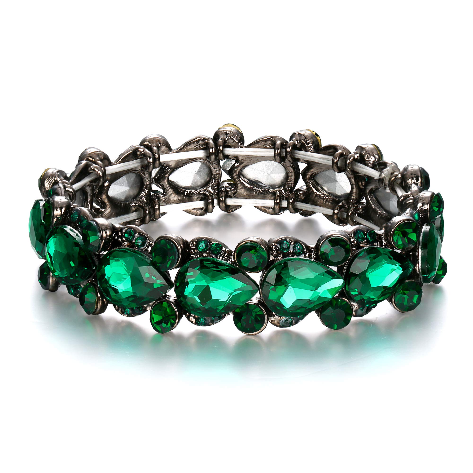 Ever Faith Women's Austrian Crystal Wedding Bridal Floral Tear Drop Elastic Stretch Bracelet Green Black-Tone — image 1