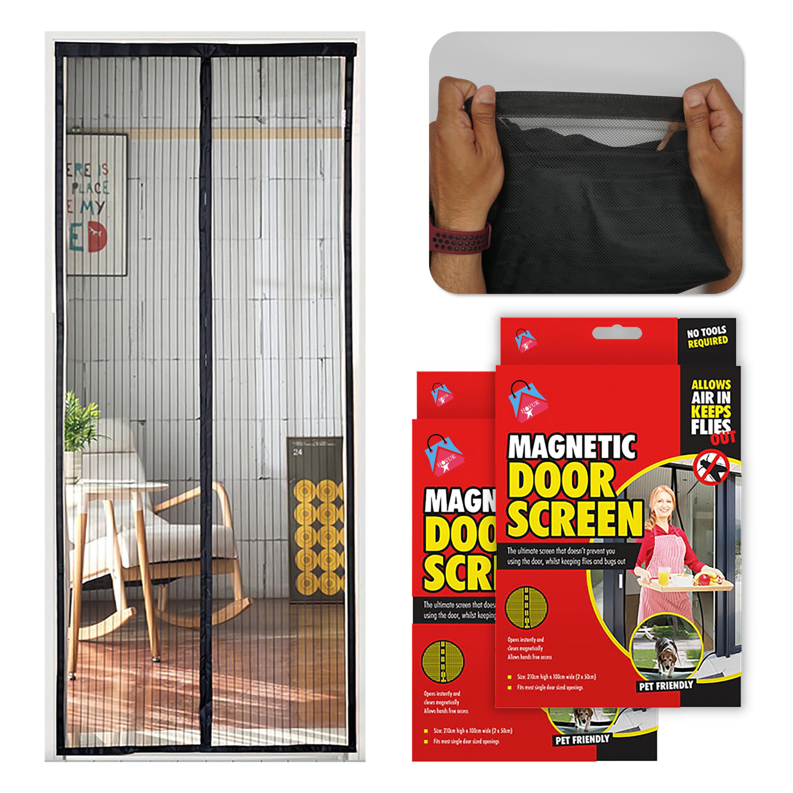 2X Magnetic Door Screen | 210cm x 100cm| Fine Mesh Fly Curtain, Black Magnetic Door Curtains, Mosquito and Fly Protector Screen Curtain for Door with Hook and Loop