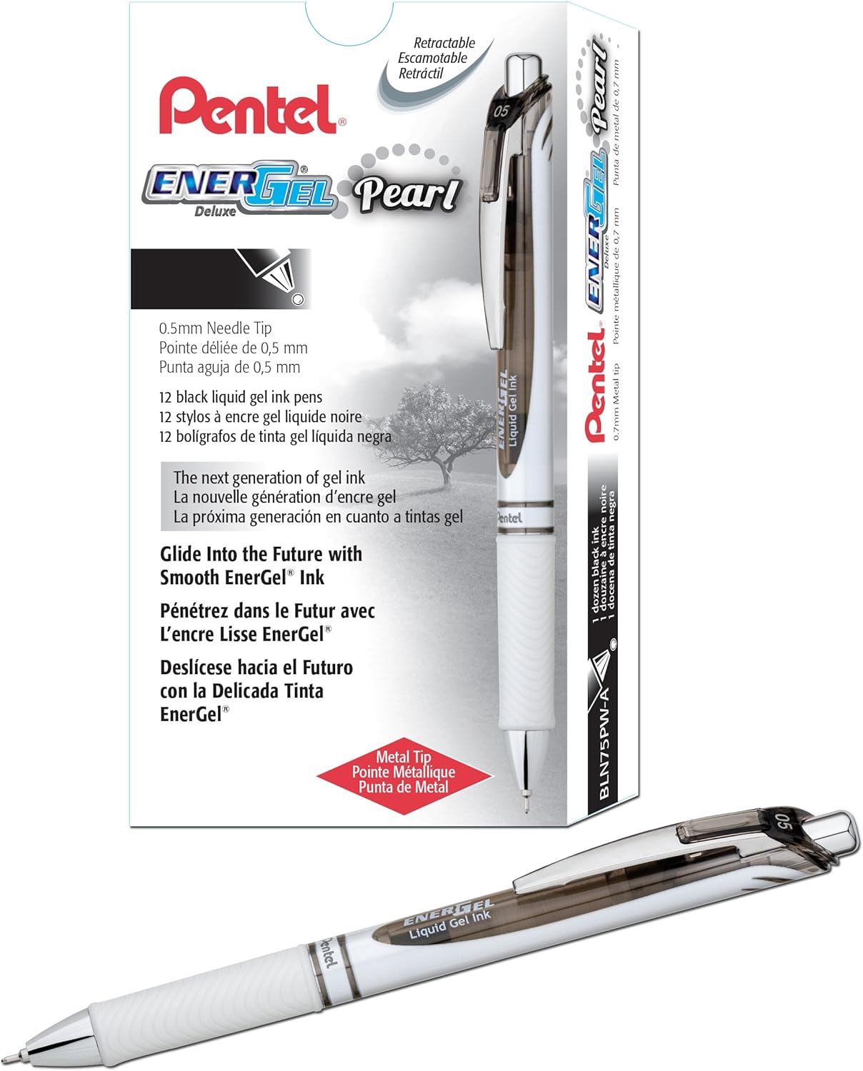 Pentel Gel Ink Pen, EnerGel Pearl RTX0.5mm, Fine Point, Needle Tip, Black Ink, Box of 12 (BLN75PW-A): Office Products