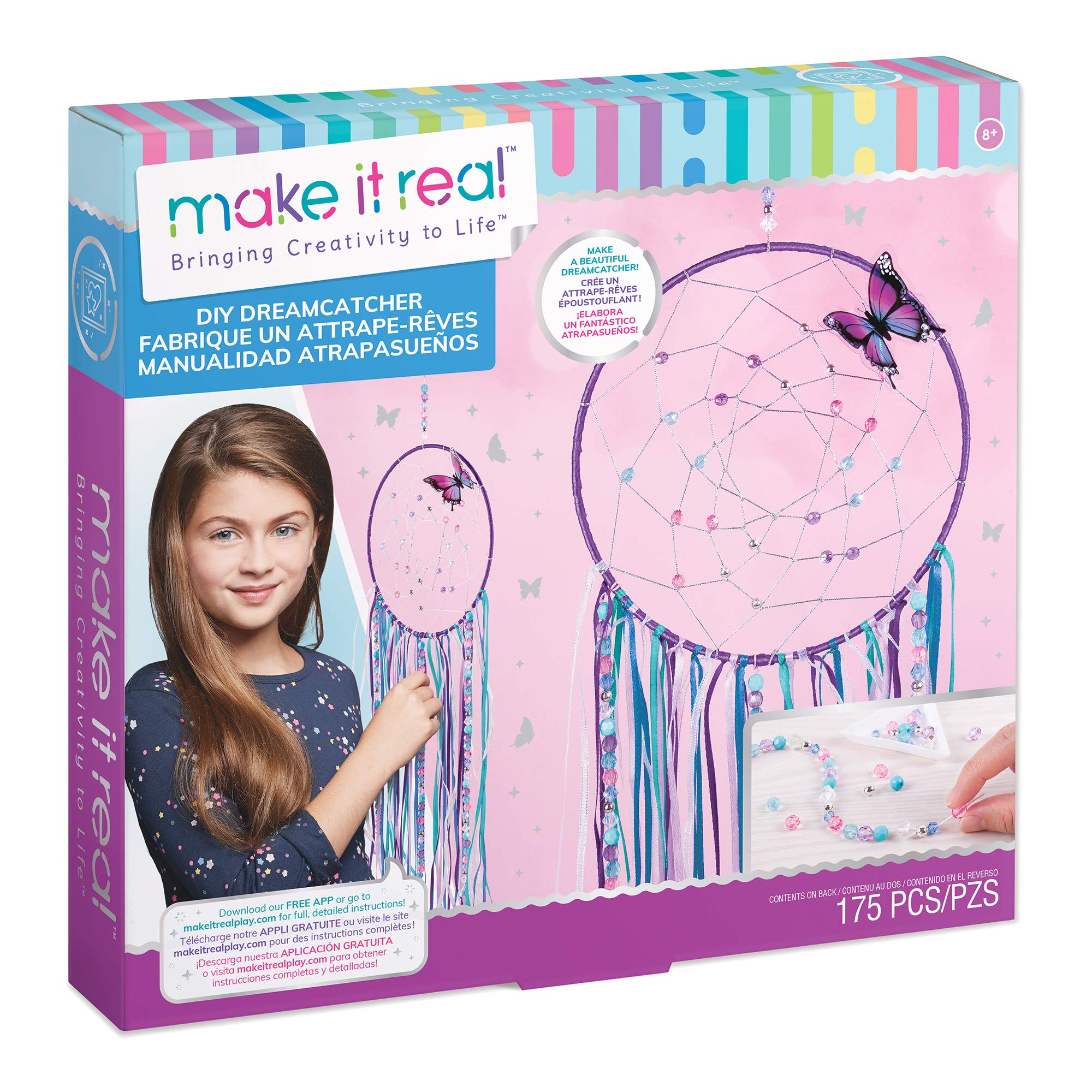 Make It Real Dream Catcher Kit with Ribbons and Butterfly Pins - Girls Bedroom Decor - Arts and Crafts for Kids - Tween Gifts