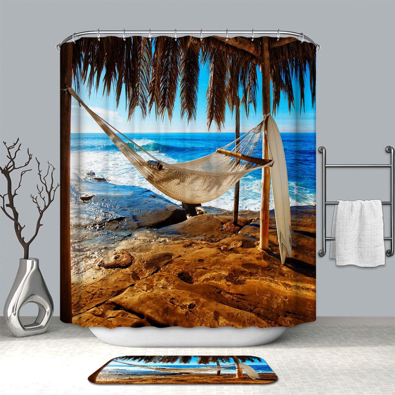 Vikes Beach Shower Curtain Sets with Rugs,Dream Vacation at