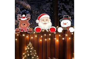 Sawysine 3 Pcs Christmas Fence Peeker Decor with Light Santa Snowman Elk Gingerbread Man Elf Yard Sign Xmas Outdoor Decor Christmas Fence Peeker Art for Home Patio Lawn Garden Pathway(Cute Style)