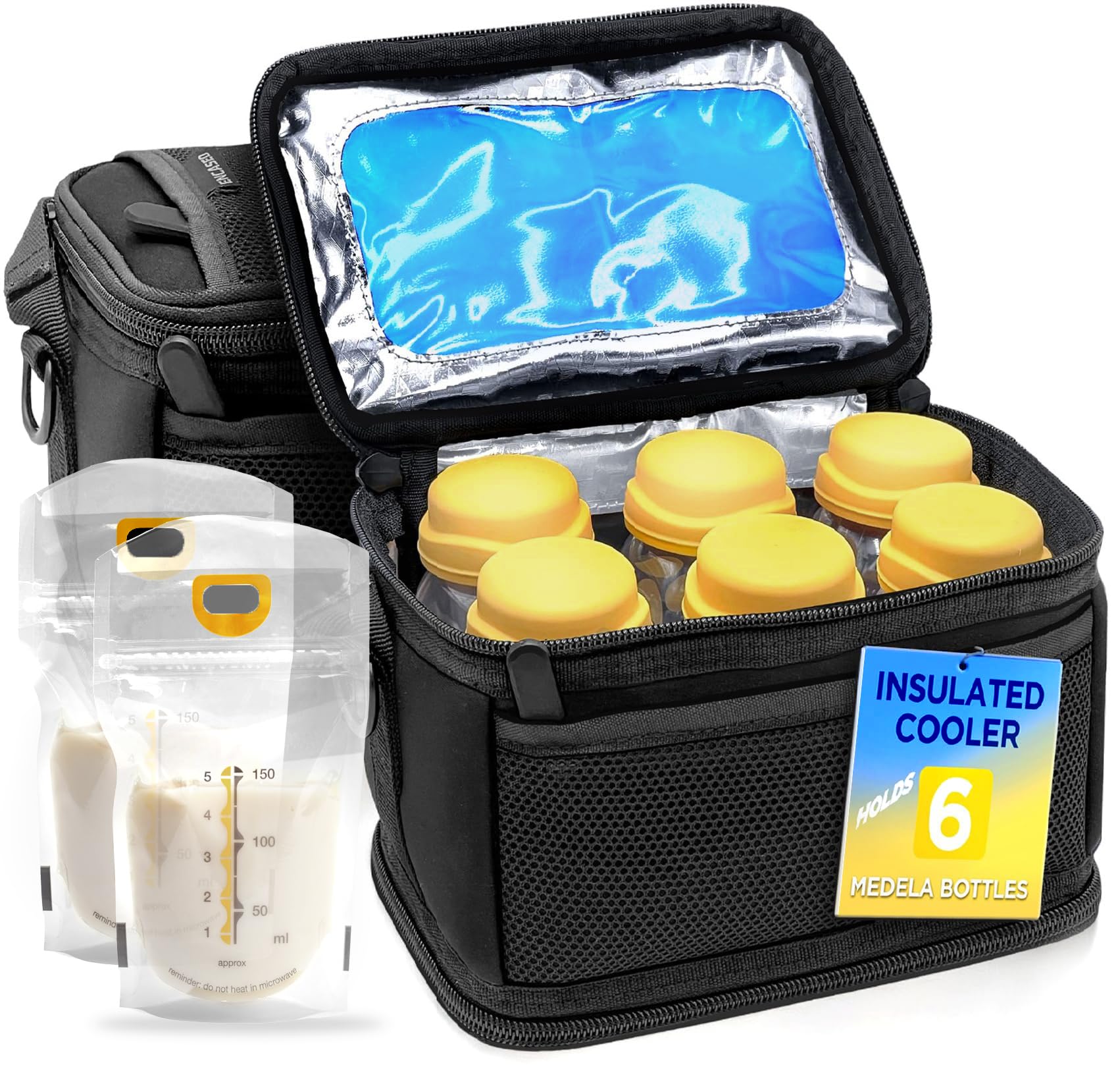 Encased Breastmilk Cooler Bag Designed for 6 Medela Express Milk Bottles - Insulated Freezable Storage Bag with Built-In Ice Packs for Travel/On the Go Moms