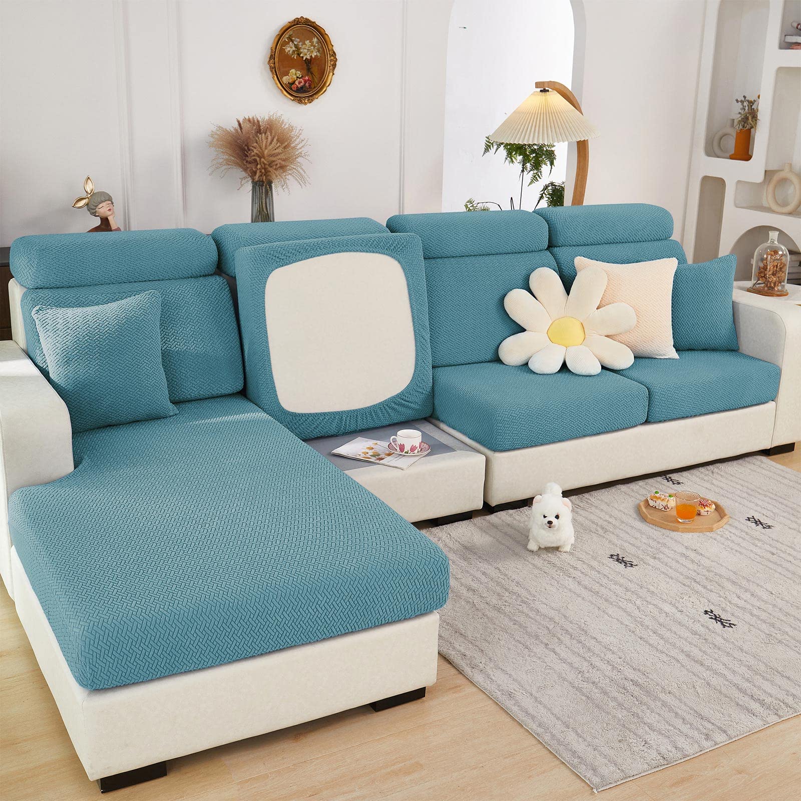 Sofa Seat Cushion Covers- High Stretch Non-Slip Couch Sofa Cover 1-Piece Universal for 1 2 3 4 Seater L Shape Chaise Longue Sofa Slipcovers for Living Room Dogs Pet (Chaise Cover, Weave Light Blue)