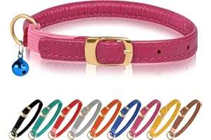 MUROMTO Murom Rolled Leather Cat Collar with Elastic Strap Safety Adjustable Pet Collars for Cats Kitten Yellow Red Pink Blue Orange Brown Gray (Pink)