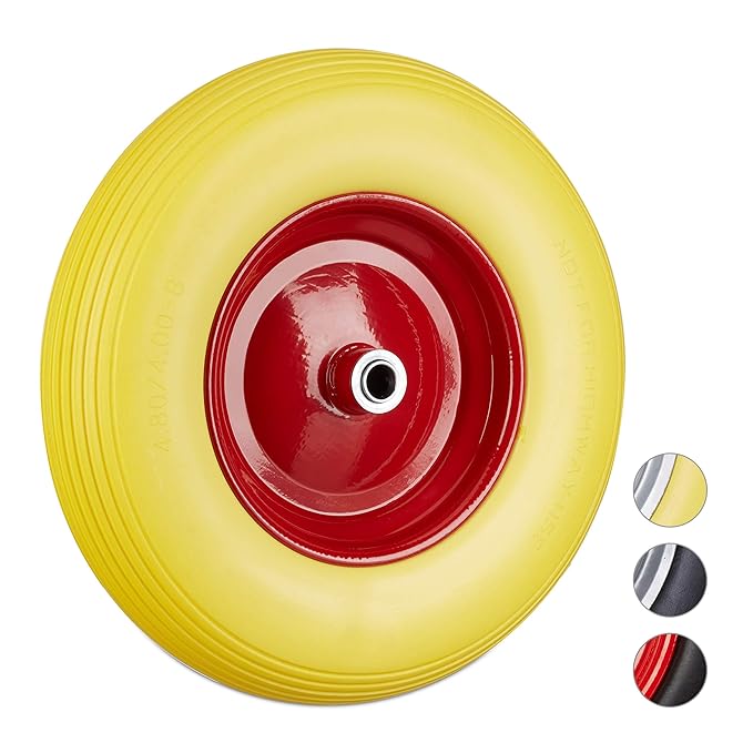 Relaxdays Vollgummireifen u. Stahlfelge, Ersatzrad pannensicher, 100 kg Traglast, gelb-rot Schubkarrenrad 4.80 4.00-8