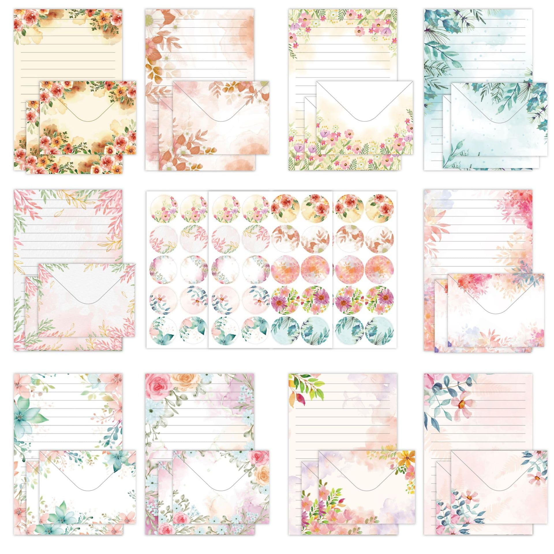 Cyiecw Set of 160 Writing Paper with Envelopes (10 Colours), 50 A5 Lined and 50 Envelopes, Watercolour Elegant Children Girls Floral Decorative Writing Paper with 60 Stickers (Flowers)