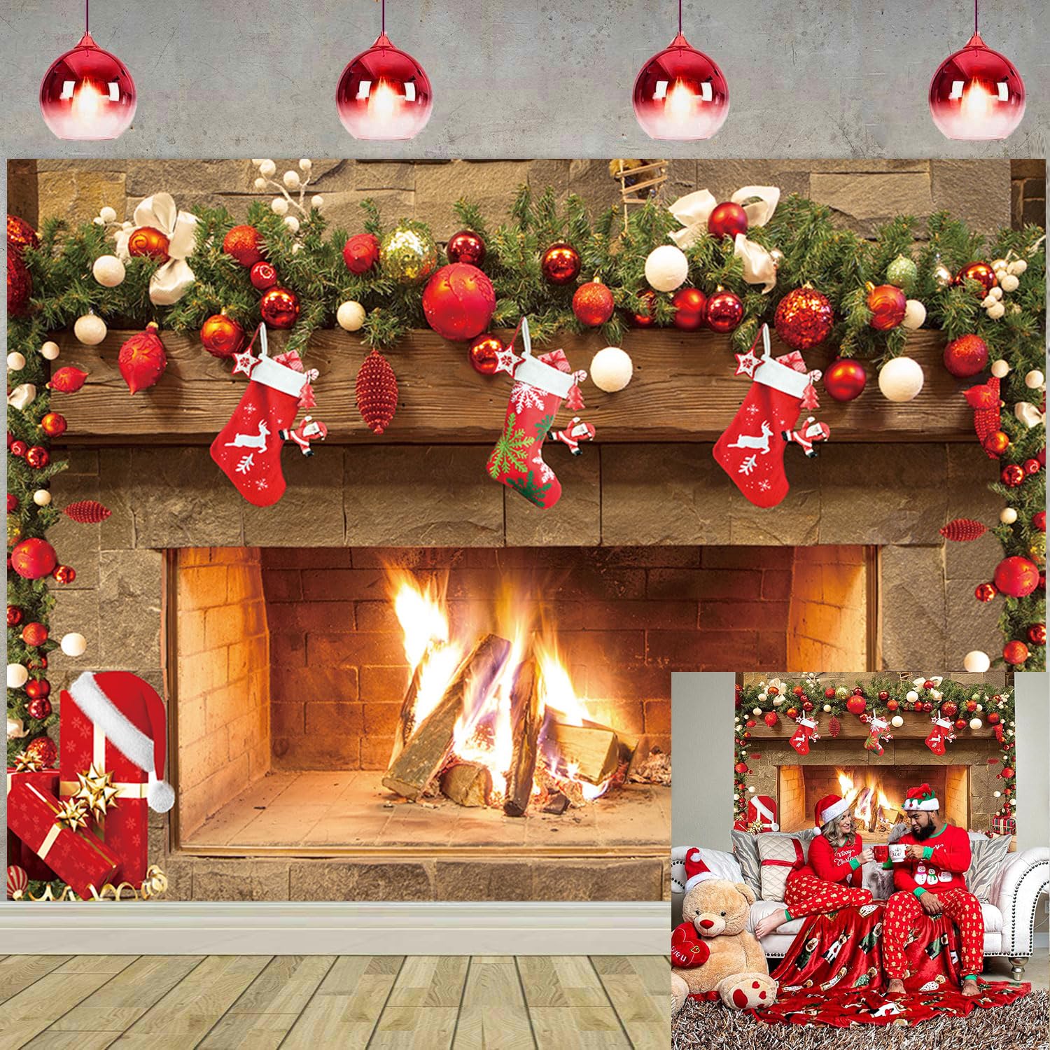 Christmas Fireplace Backdrop for Photography 7X5FT Christmas Santa Claus Sock Gifts New Year Background Xmas Fireplace Scene Decorations for Xmas Family Party Photo Props