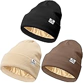 KUTTOR 3 Pack Satin Lined Winter Beanie Hats for Men Women Silk Lined Beanies Soft Knit Warm Slouchy Cuffed Winter Hat