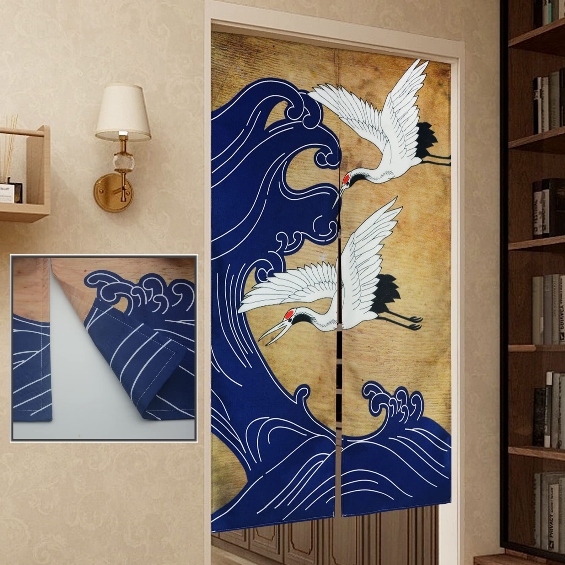 LIGICKY Retro Japanese Noren Doorway Curtain Linen White Crane Blue Wave Printed Asian Window Treatment Hanging Door Tapestry for Sushi Kitchen Home Decoration 33.5 x 59 Inch (Double Sided Printing)
