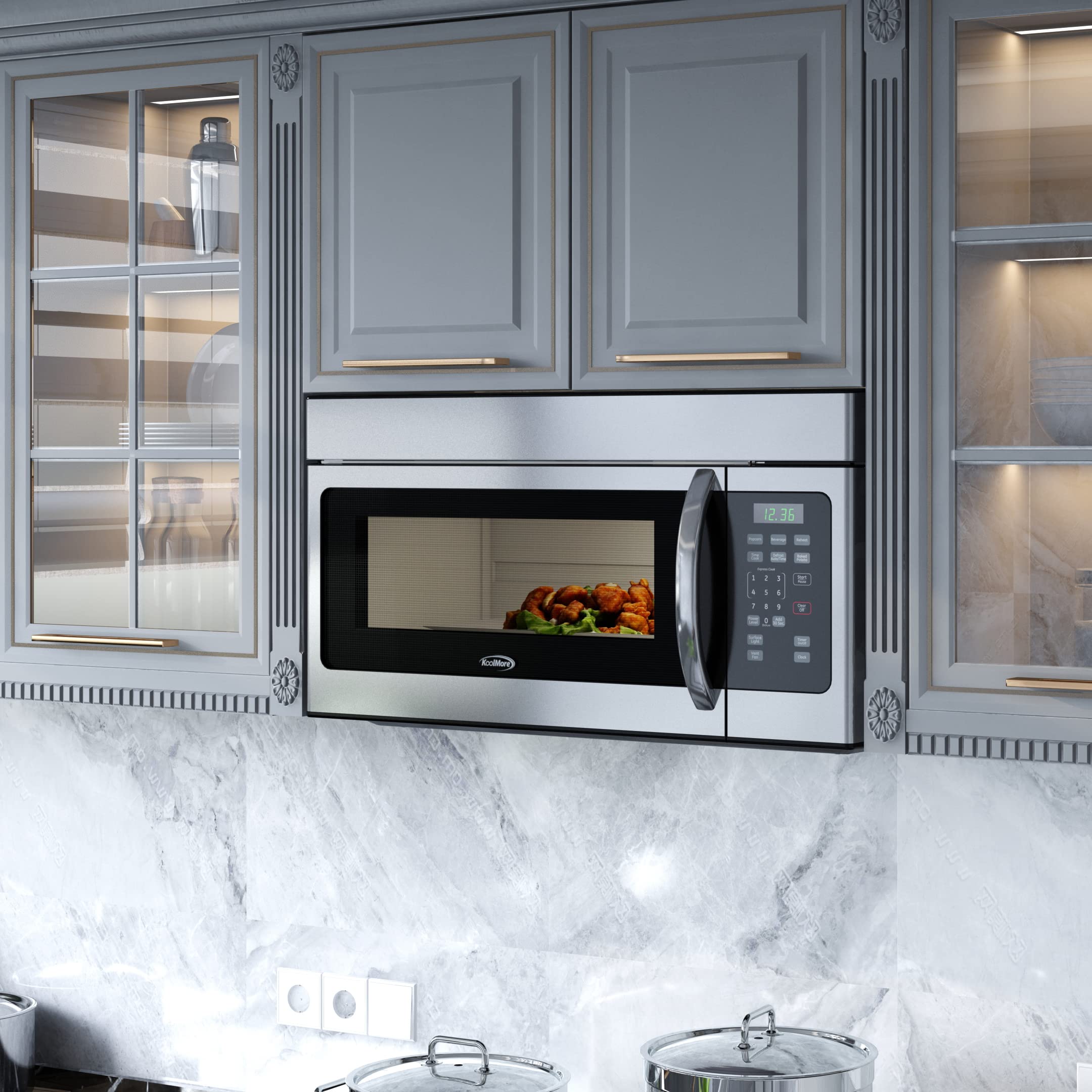 KoolMore KM-MOT-1SS Range Microwave Oven Lamp and 300CFM Recirculation Vent Hood, Auto Cook Menus, Reheat Function, 10 Power Levels, Timer, and Weight Defrost, 30 in/1.6 Cu. Ft, Silver