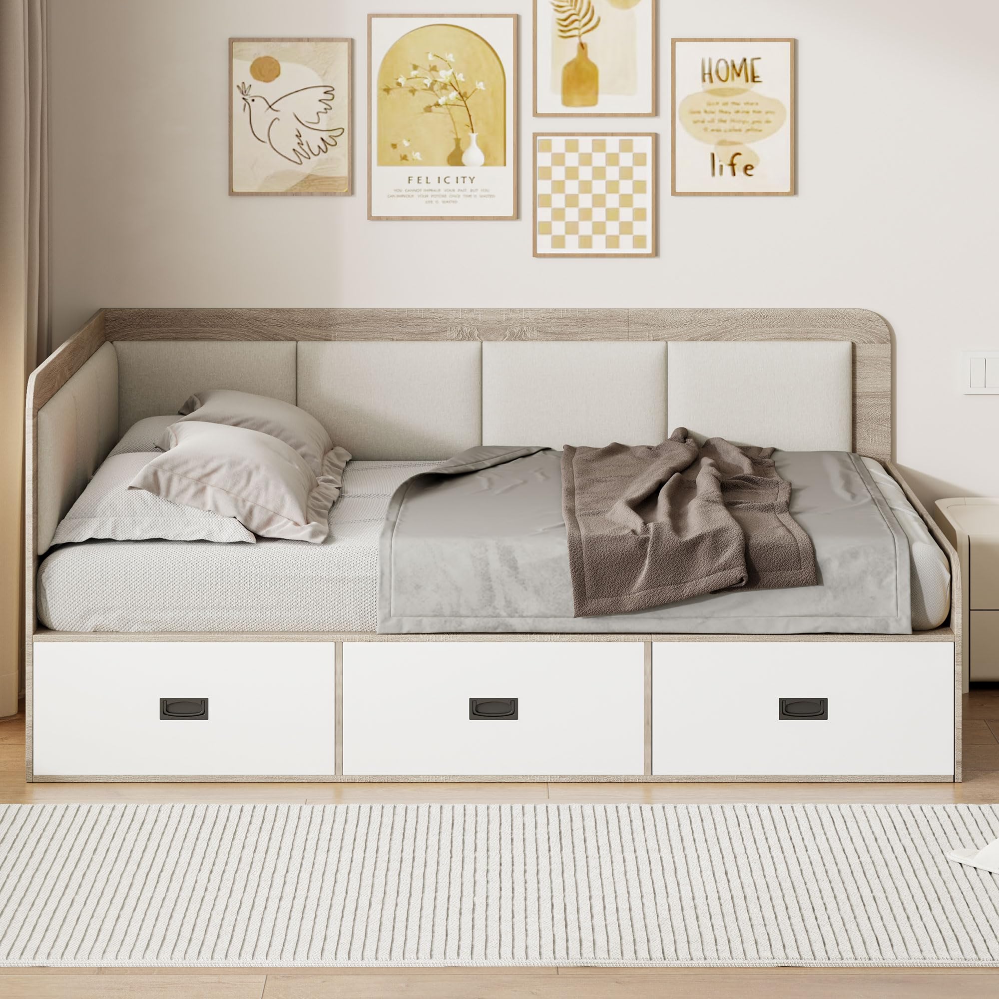 Photo 1 of **PARTIAL SET**BOX 2 OF 3 ***Ball & Cast Full Size Daybed with 3 Storage Drawers,L-Shape Daybed with Upholstered Headboard, Wood Corner Bed Frame with Storage for Kids Teens Adults, White. 