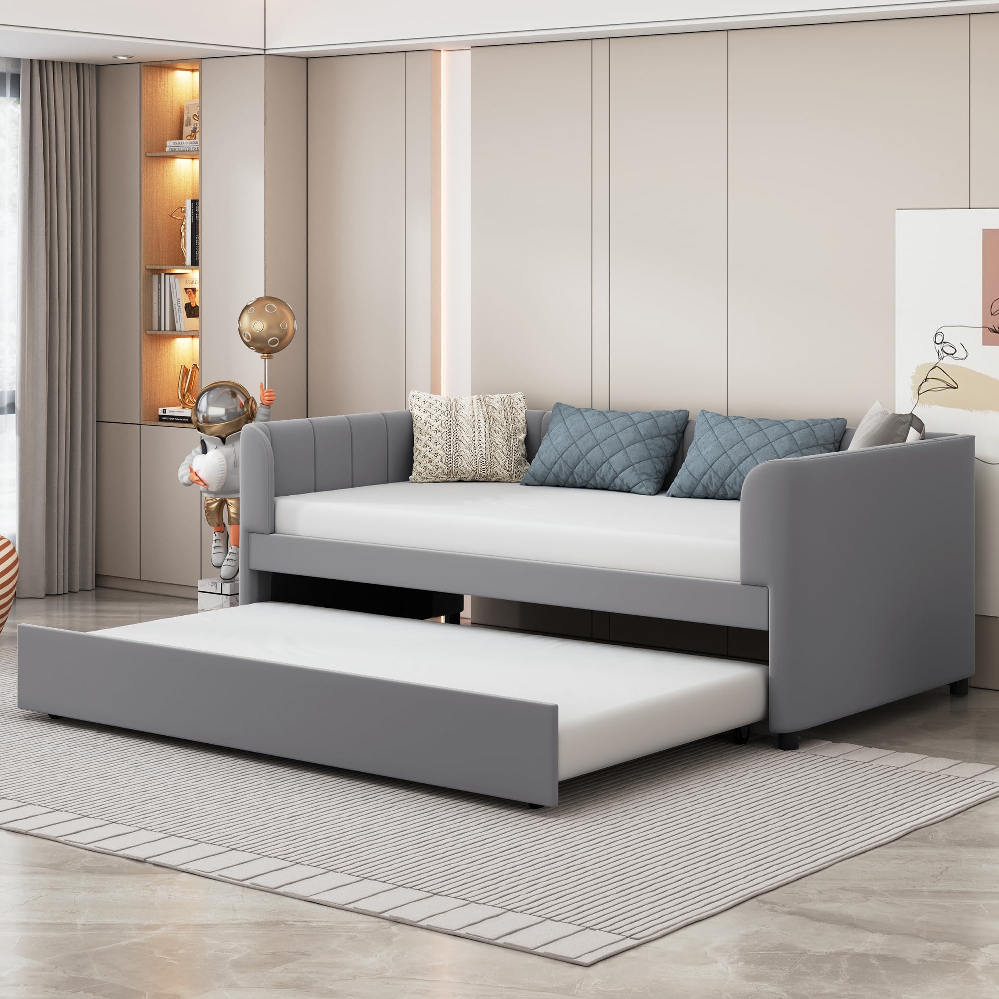 Photo 1 of ***PARTIAL SET SEE NOTES***
Favfurish Twin Size Velvet Upholstered Daybed with Ergonomic Design Backrest and Trundle,Classic Stripe Shaped Headboard,No Box Spring Needed,for Bedroom, Living, Guest Room,Gray