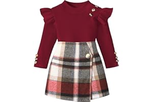 Aulyffo Toddler Girl Clothes,Girls Outfits Long Sleeve Ruffle Button Tops + Plaid Skirt Shorts + Hat 3Pc Little Girls Clothes