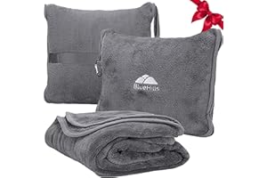 BlueHills Premium Soft Travel Blanket Pillow Airplane Flight Blanket Throw Bag Pillowcase Compact Large 2 in 1 Combo Warm Traveling Plane Essentials Portable Gifts Lightweight Grey Gray T007