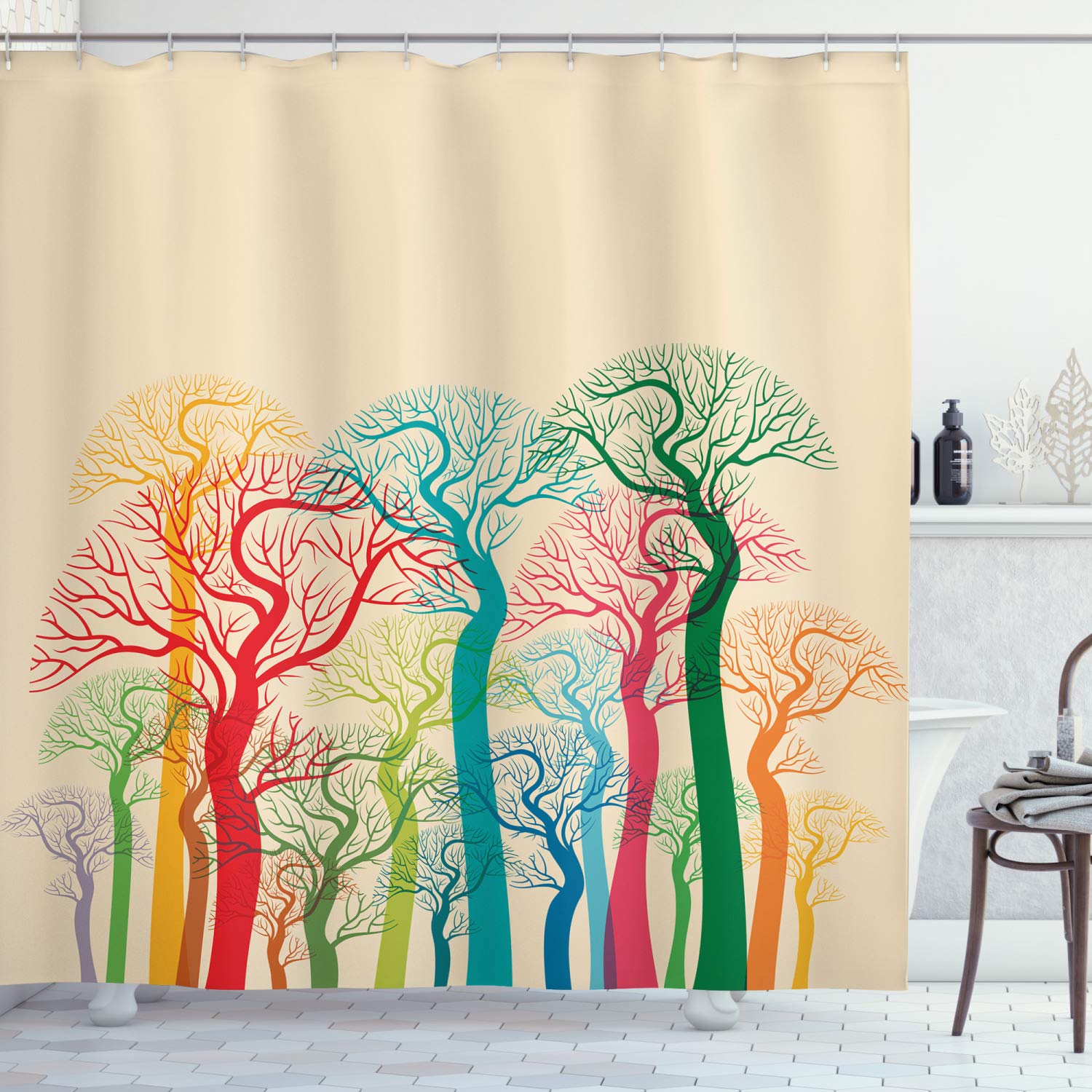 ABAKUHAUS Autumn Shower Curtain, Colorful Leafless Abstract Tree Tops Branches Creative Foliage Park Graphic, Cloth Fabric Bathroom Decor Set with Hooks, 70 Inches, Multicolor