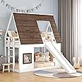 Bellemave Bunk Bed Twin Over Twin, Bunk Bed with Slides and Stairs, House Bunk Bed with roof, Twin bunk Bed for Kids, Teens, Kids bunk beds, White+Brown