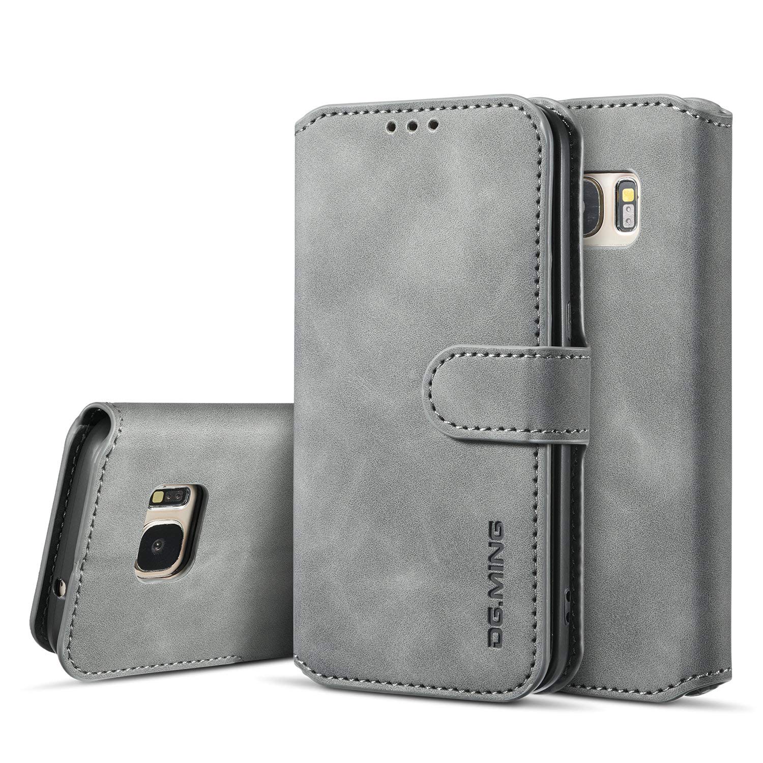 UEEBAI PU Leather Case for Samsung Galaxy S7, Vintage Retro Premium Wallet Flip Cover TPU Inner Shell [Card Slots] [Magnetic Closure] Stand Function Folio Shockproof Full Protection - Grey