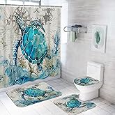 ArtSocket 4PC Shower Curtain Set with Rugs Sea Turtle Blue Teal Seaweed Bathroom Set with Non-Slip Rug Toilet Lid Cover Bath Mat and 12 Hooks 72x72 inches