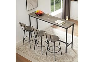 GNIXUU 4 Piece Long Bar Table and Chairs Set, Industrial Counter Height Dining Table Set with Sofa Bar Table and 3 Upholstered Stools with backrest for Breakfast Nook Living Room Small Space(Grey)