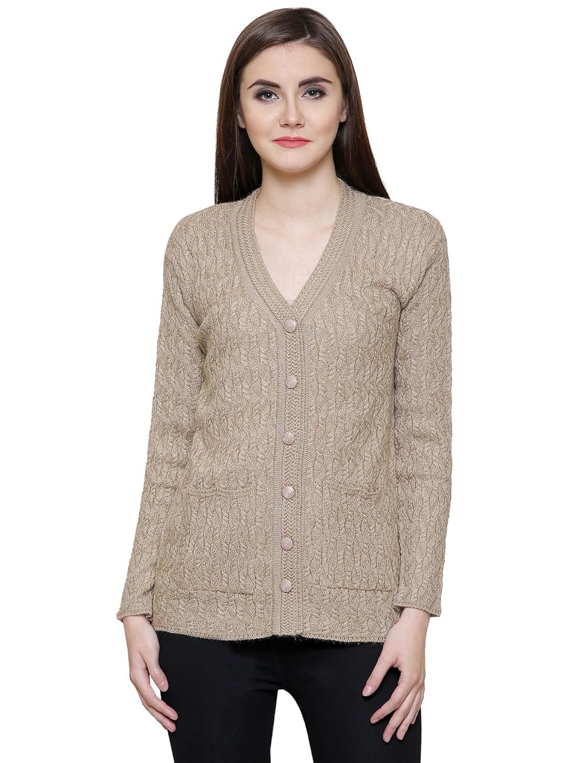 matelco beige women's woollen buttoned v-neck cardigan/sweater for winter