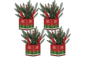 Zeyune 4 Set Christmas Centerpiece for Table Bulk, 4.7 Inch Xmas Centerpiece Decoration Ideal with Artificial Pine Branches and Red Berries Stems for Xmas Party Indoor Home Decor(Christmas Tree)