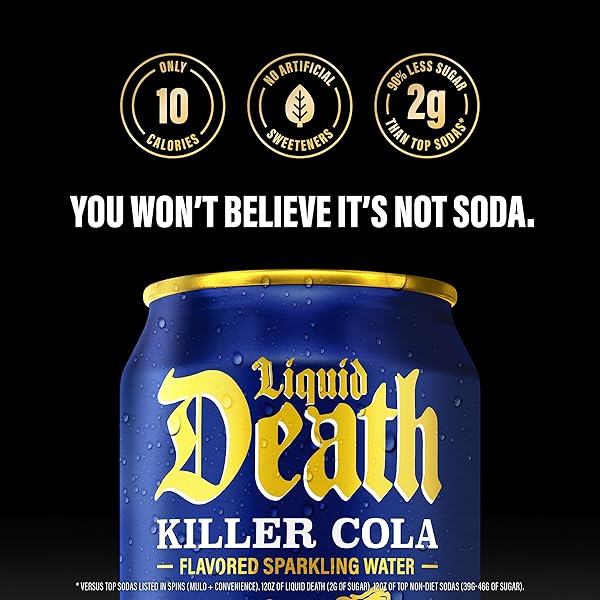 LIQUID DEATH SODA-FLAVORED SPARKLING WATER – KILLER COLA, LESS SUGAR*, HUGE FLAVOR, NO CAFFEINE, NO ARTIFICIAL SWEETENERS, 12 FL OZ (PACK OF 12)