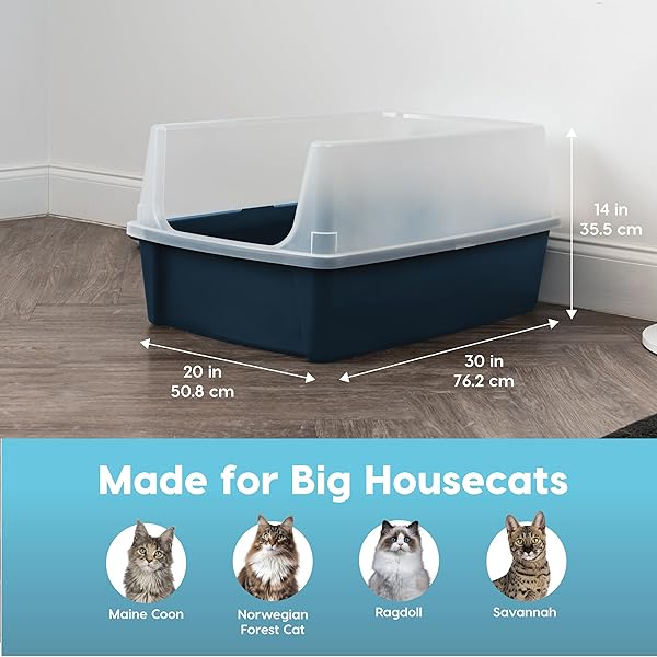IRIS USA XX-LARGE OPEN TOP CAT LITTER BOX WITH HIGH SIDED WALLS TALL SCATTER SHIELD SCOOP INCLUDED EASY CLEAN PLASTIC PAN FOR BIG CATS KITTENS MULTI-CAT HOUSEHOLDS 30″L X 20″W X 14″H NAVY