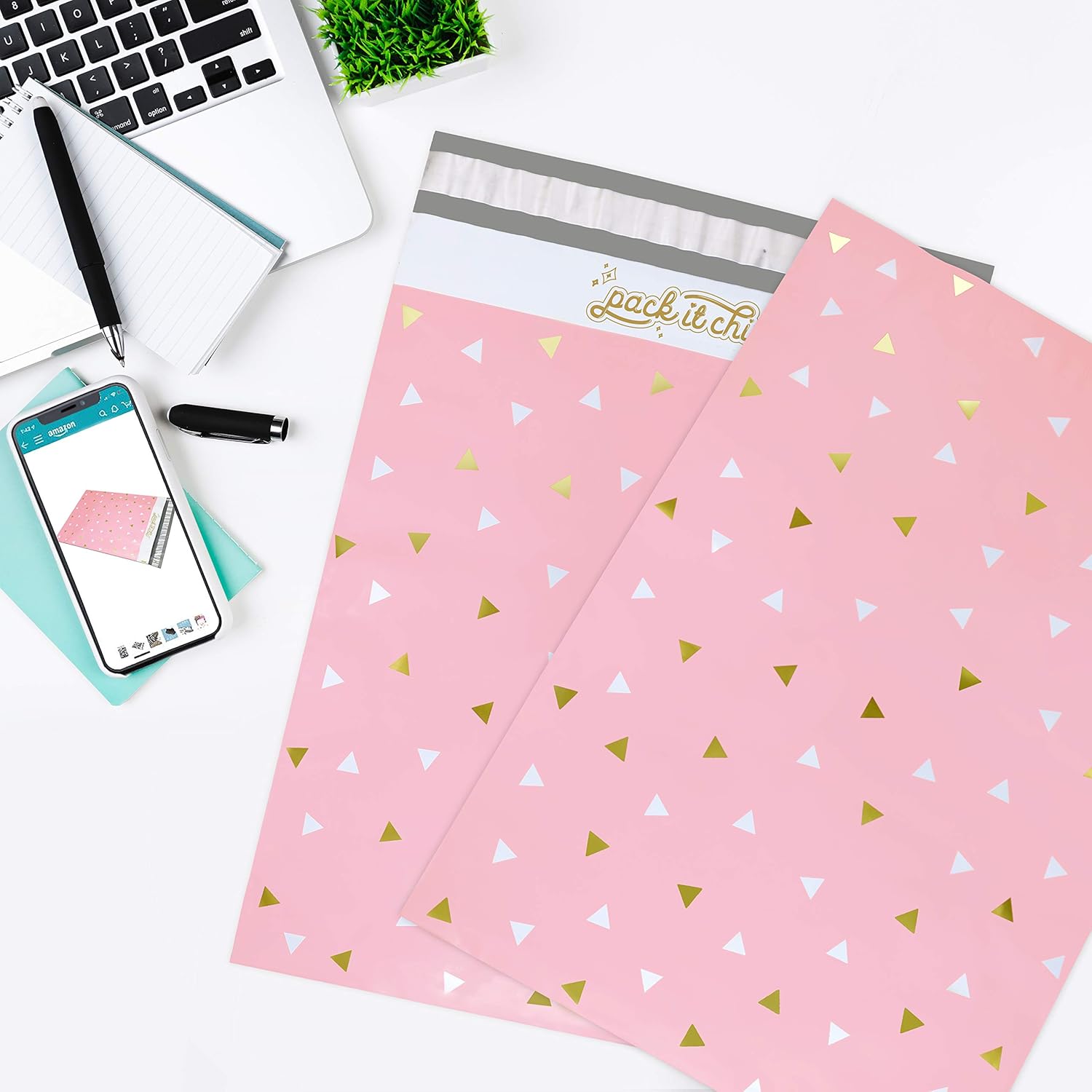 Pack It Chic - 12” X 15.5” (100 Pack) Pink Gold Triangle Confetti Poly Mailer Envelope Plastic Custom Mailing & Shipping Bags - Self Seal (More Designs Available) : Office Products
