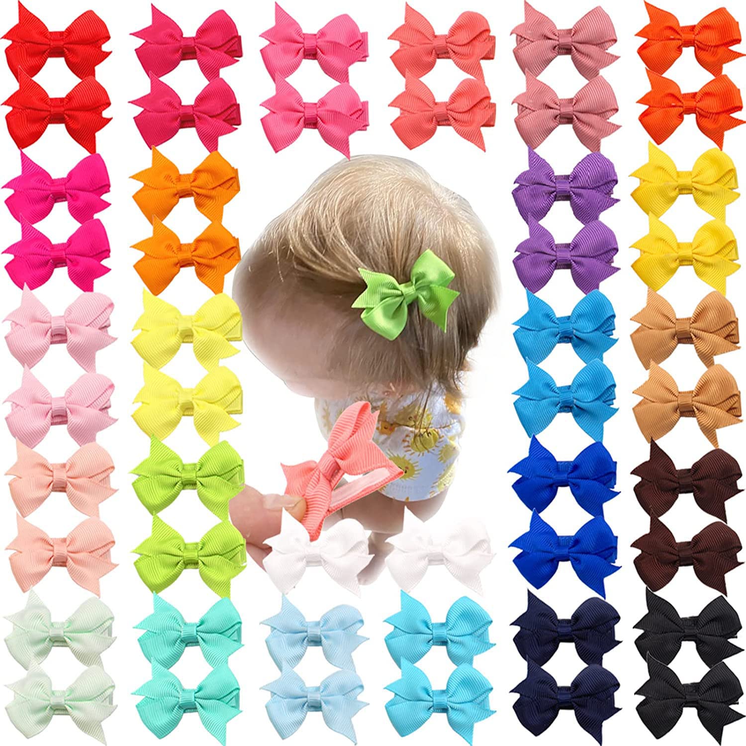 JOYOYO 50 Pcs Baby Hair Bows Grosgrain Ribbon Bow With Non-slip Full Covered Safe Clips - 2 Inch Mini Size for Toddler Girls Bright Colors