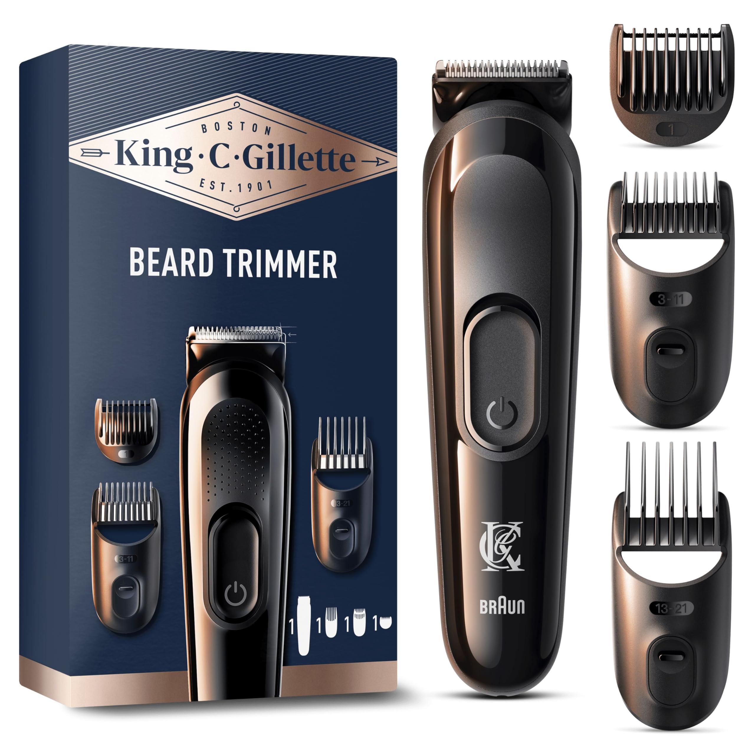 King C. Gillette Cordless Beard Trimmer Kit for Men, Electric Razor for Men with Lifetime Sharp Blades, Includes 3 Interchangeable Hair Clipper Combs, Gifts for Men, 2 Pin UK Plug