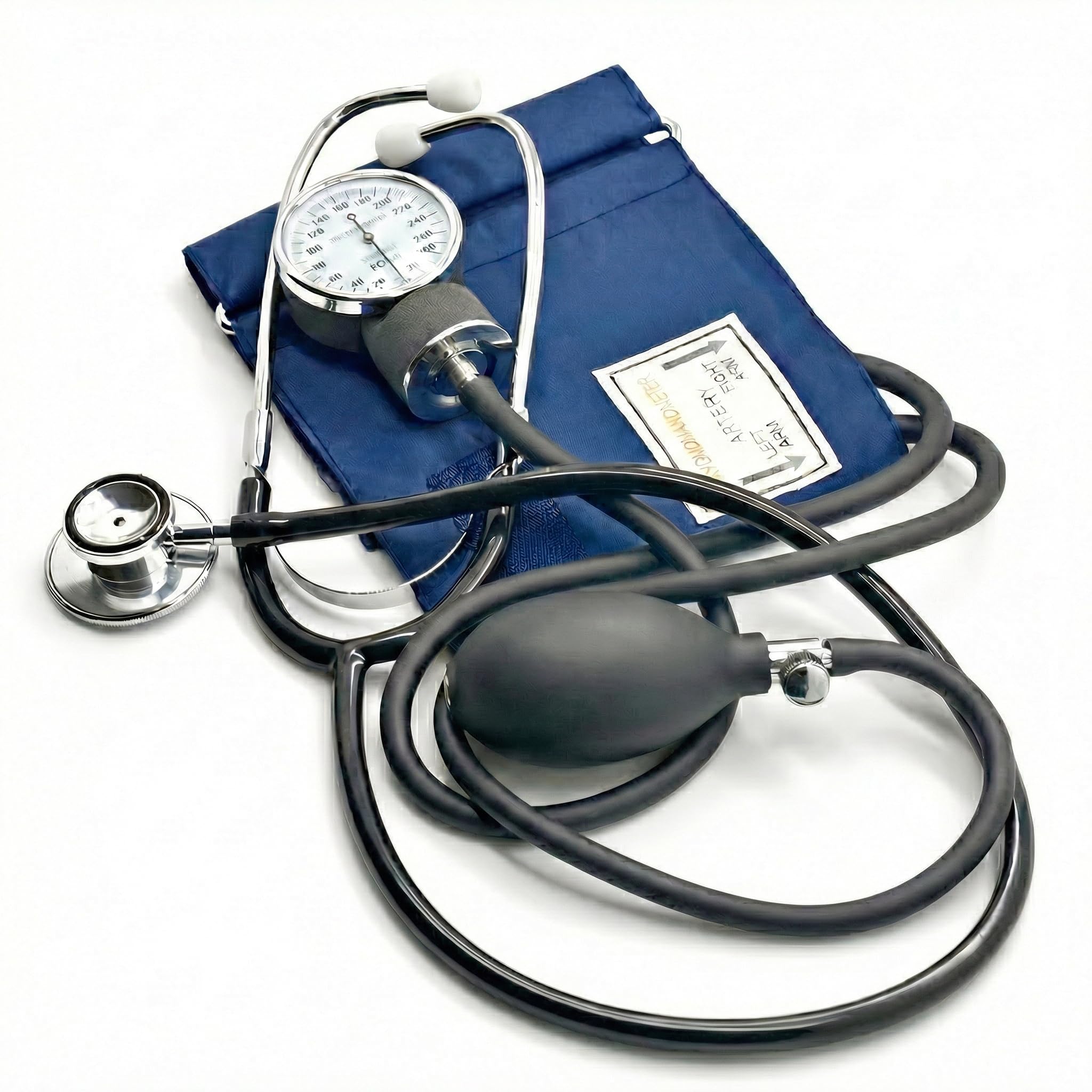 Belmalia Manual Arm Blood Pressure Monitor with Dual Head Stethoscope, Aneroid Sphygmomanometer, Blood Pressure Gauge, Cuff, Bag for Emergency Service, Doctor, Consultation, Blue Black