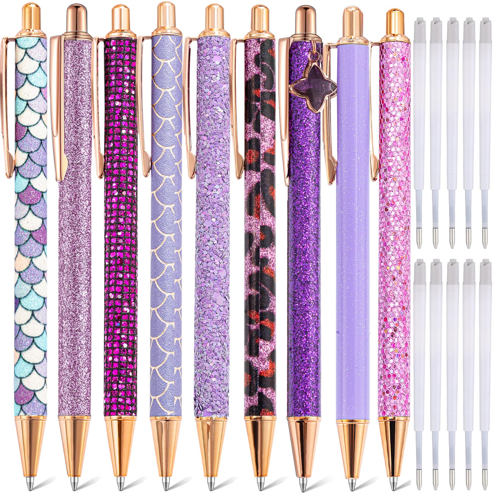 mumrap 9 Pcs Sparkly Pens for Women Fancy Pens with 10 Pcs Black Ink Refills Glitter Pretty pen sets for Ladies Office School Gifts(Purple)