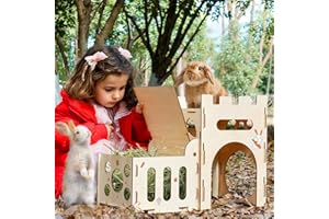 HIIMALEX Extra Large Wooden Bunny Castle Hideout with Integrated Hayfeeder Play House for Indoor Rabbits Guinea Pigs Chinchilla Hamsters (HLT2)