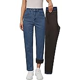 Arach&amp;Cloz Women's Thin Fleece Lined Jeans High Waisted Stretch Warm Straight Leg Pants 2026