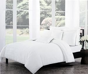 Tahari Bedding Solid White Textured Seersucker Stripes Duvet Cover Set Full/Queen 3 Piece Boho Ruffled Ruched French Farm House Shabby Chic Folded Pattern Quilt Comforter Cover