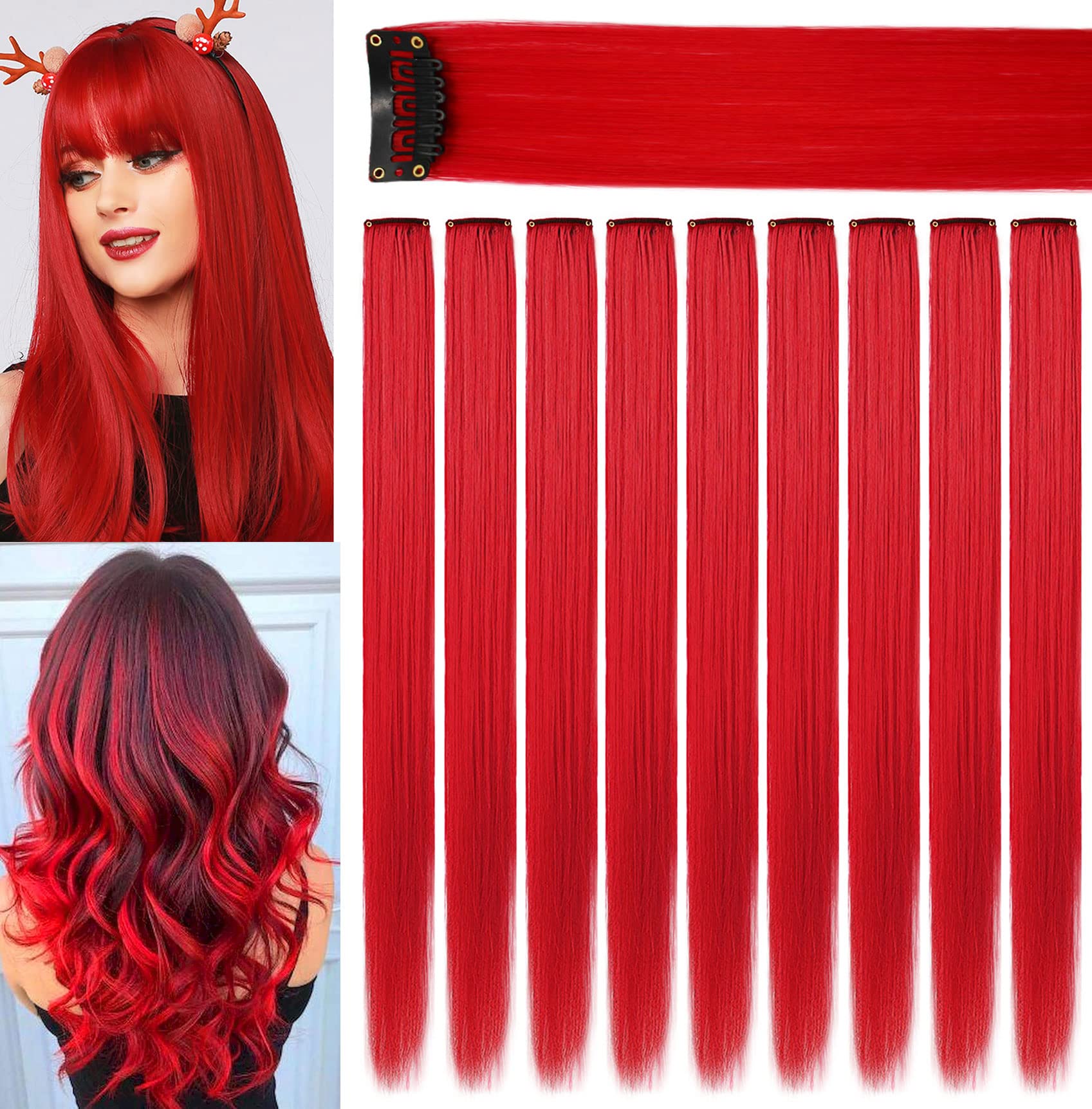 LVSHANGMAO 9Pcs Colored Clip in Hair Extensions Heat-Resistant Straight Party Highlight Hair Clip in Hairpieces Halloween Cosplay Party Christmas Hair Accessories Gift for Girls Kids(red)