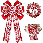 Large Valentine's Day Red Burlap Bow with Heart Patterns, 11.5X 20 Inches Bow for Wreath Gifts Tree Topper Ornament Decorations, Romantic Love Party Favor Wedding Engagement Anniversary Bridal Shower