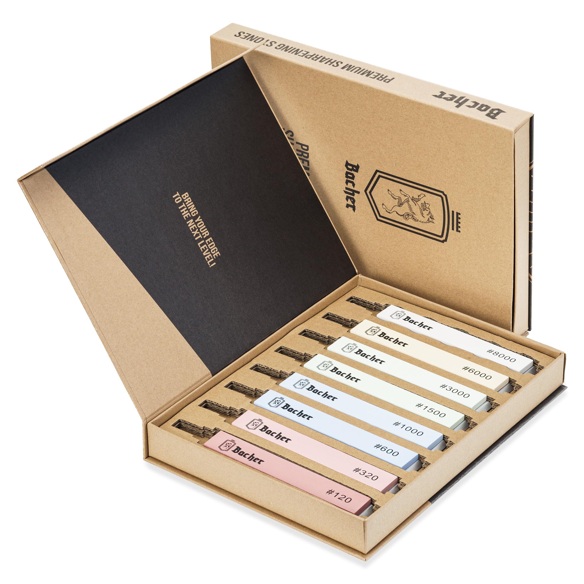 Bacher Manual Knife Sharpener, 8 Pcs Pocket Whetstone Set with 120-8000 Grit - Extra Large, White, for Apex Edge, Ruixin and KKmoon Sharpening Systems