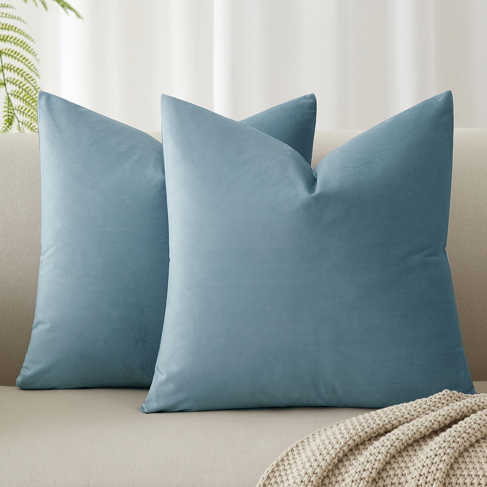 JUSPURBET Light Blue Throw Pillow Covers Set of 2 Decorative Velvet Pillow Covers for Couch Sofa Bed Soft Cushion Covers Cases with Invisible Zipper for Living Room Home Decor 16x16 inch — image 1
