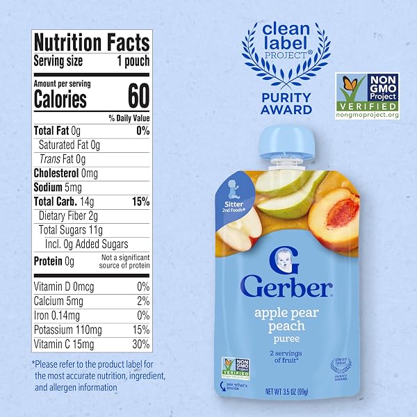 GERBER STAGE 2 BABY FOOD, APPLE PEAR PEACH PUREE POUCH, BABY FOOD, 2 SERVINGS OF FRUIT, NO ADDED SWEETENER, NO ARTIFICIAL COLORS OR FLAVORS, 12-PACK