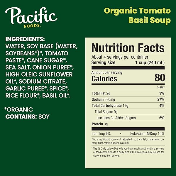 PACIFIC FOODS ORGANIC TOMATO BASIL SOUP, PLANT BASED, 32 OZ CARTON