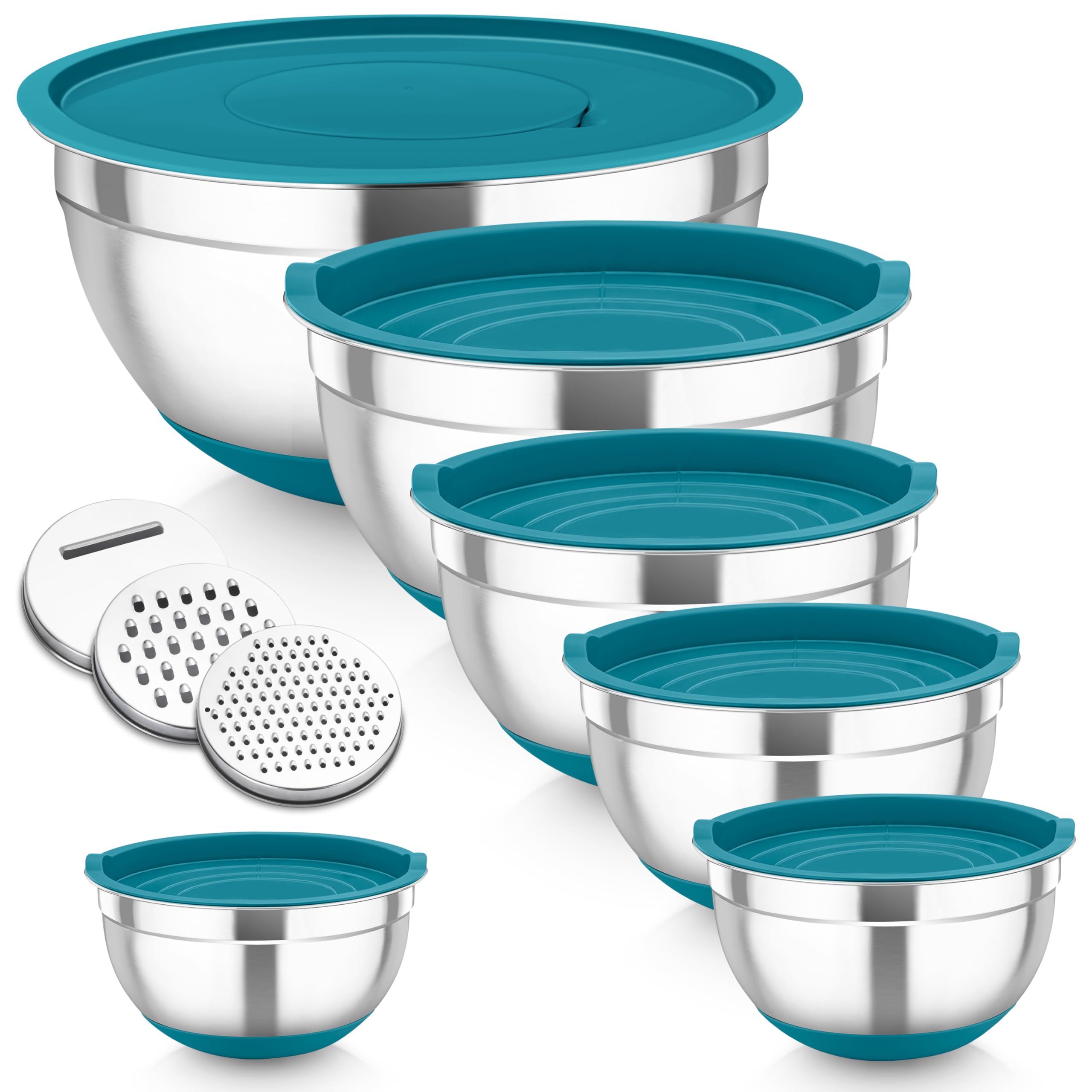 Homikit Mixing Bowls Set of 6, Stainless Steel Salad Bowls with Airtight Lids & 3 Grates, Metal Nesting Bowls for Mixing/Baking/Storing, Silicone Base - 0.7/1.2/1.6/2.5/2.8/4.6L (Dark Blue)