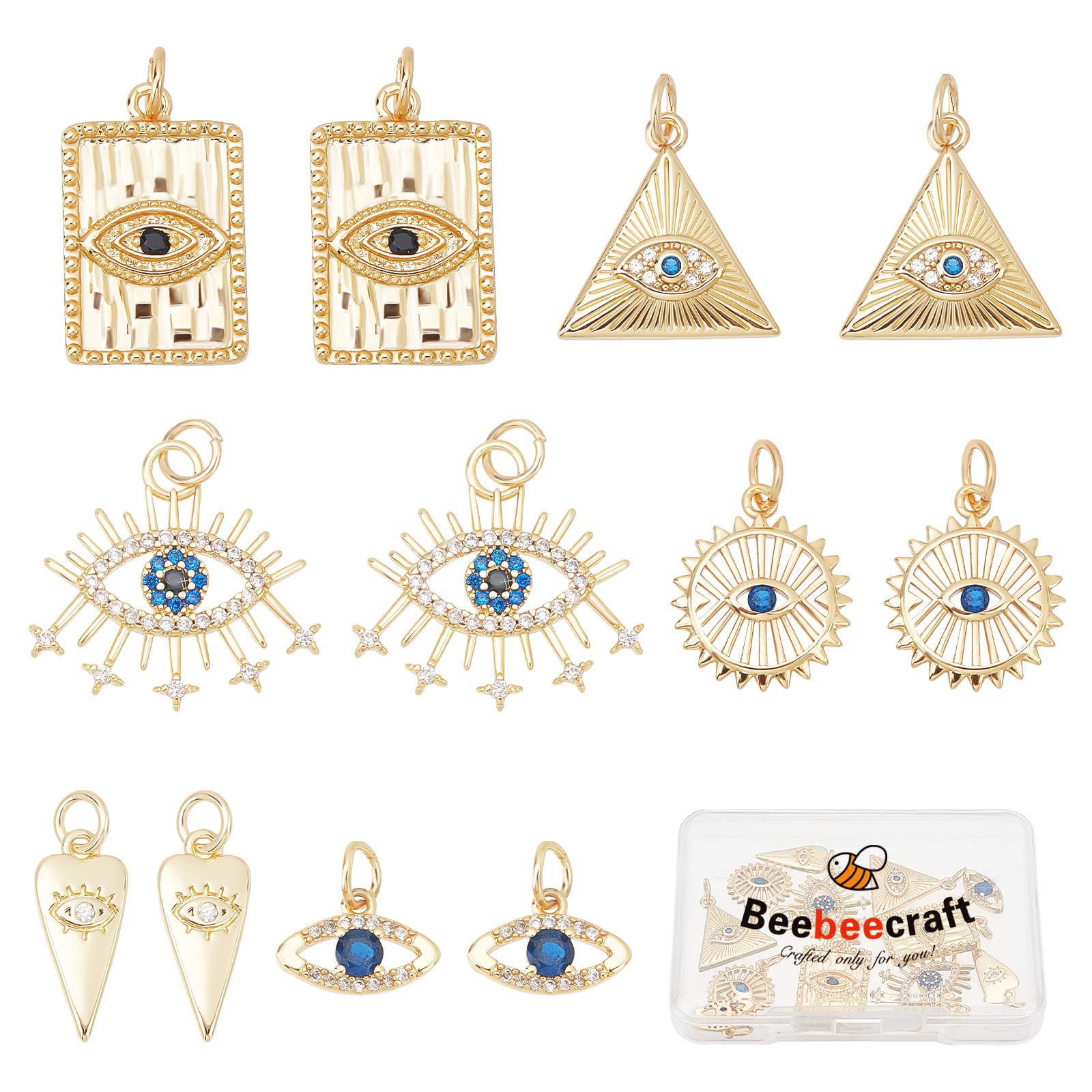 Beebeecraft 12Pcs 6 Style Real 18K Gold Plated Evil Eye Charms Bulk Cubic Zirconia Turkish Evil Eye Crystal Pendant Beads with Jump Ring for DIY Jewelry Making