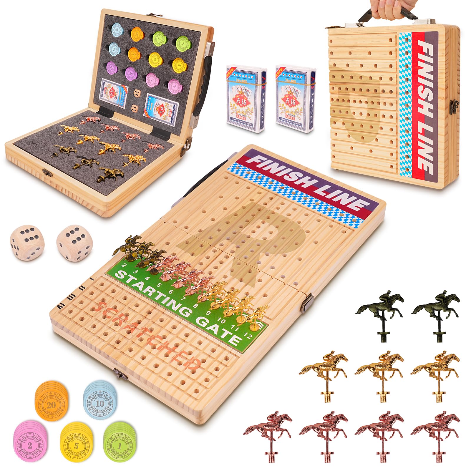 Photo 1 of Silkchio 21 Inches Horse Race Board Game, Horse Racing Game with Cards and Dice, 11 Metal Horses, 60 Pcs Poker Chips Set, Solid Wood Across The Board Horse Race Game for Adults Family Friends